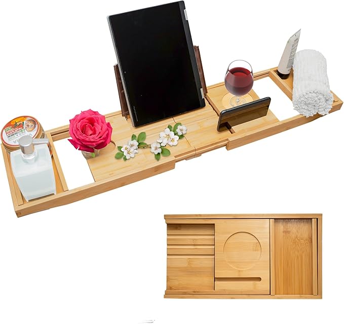 Luxury Foldable Bamboo Bathtub Tray - Wine Glass and Tablet Holder, Spa Bath Caddy for Relaxation, Gifts for Her, Him, Couples, Adjustable and Waterproof, Perfect for Birthdays, Weddings, Housewarming - Bloomnest