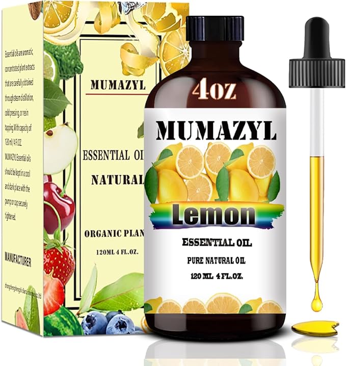 Lemon Essential Oil, Lemon Oil 4 Fl Oz 120ML for Diffuser Humidifier Yoga Cleaning DIY Candle Soap Making MUMAZYL Essential Oils MUMAZYLESSENTIALOIL