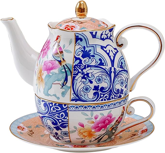 ACMLIFE Tea for One Teapot and Cup, Vintage Floral Porcelain Tea Set for One, Bone China Teapot with Cup Set, Tea Pot Gift for Women (Blue-C) - Bloomnest