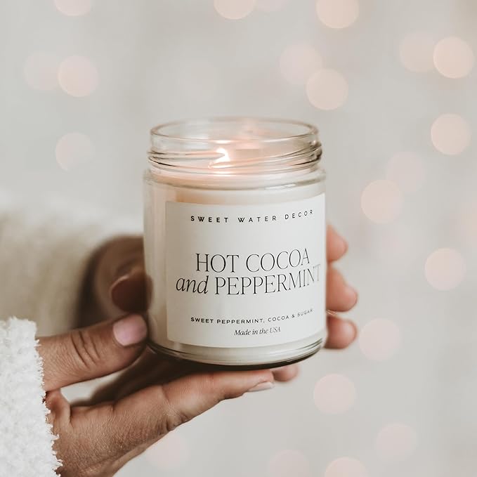 Sweet Water Decor Hot Cocoa and Peppermint Soy Candle - Chocolate, Peppermint, and Vanilla Holiday Scented Candles for Home - 9oz Clear Jar Candle with Gold Lid, 40+ Hour Burn Time, Made in The USA - Bloomnest
