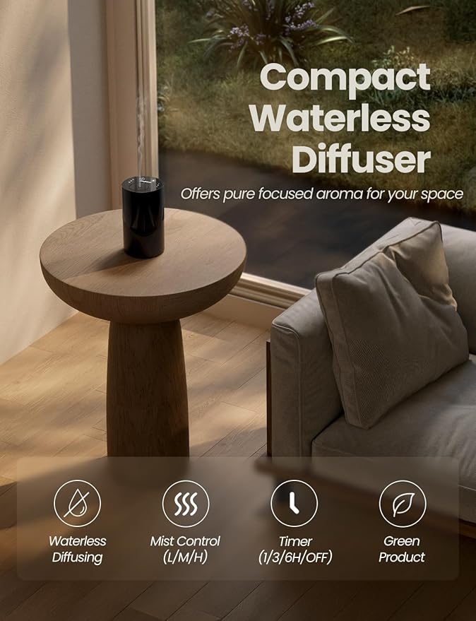 Waterless Essential Oil Diffuser, Portable Aromatherapy Diffuser with 20mL Capacity, Battery Operated Mini Scent Diffuser,3 Mist Levels & Timers, Leak-Free, for Home, Car, Office (Black) - Bloomnest