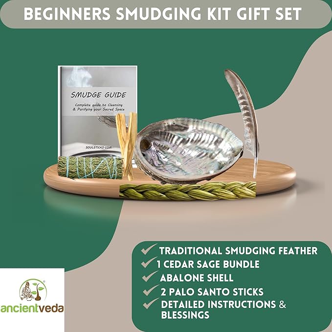 Ancient VEDA Organic Smudge Kit – Cedar Sage, Palo Santo, Sweetgrass, Abalone Shell, Feather & Smudge Guide | Smudging Kit for Home Energy Cleansing, Meditation, Reiki (Healer's Kit, Cedar Sage) AncientVeda