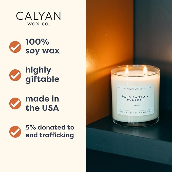 Calyan Wax Co. 2 Wick Candle, Palo Santo + Cypress Scented Candle, 37 Hour Burn Time, Aromatherapy Soy Candles, Non Toxic & Vegan Soy Wax, Glass Tumbler Scented Candles, 12.5oz - Bloomnest