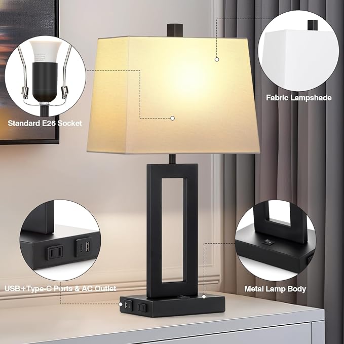 Table Lamp Set of 2 with USB C+A Ports & AC Outlet, Bedside Lamps, Modern Bedroom Lamps, Black Lamps for Night Stands Bedroom Living Room,Nightstand Lamp - Bloomnest