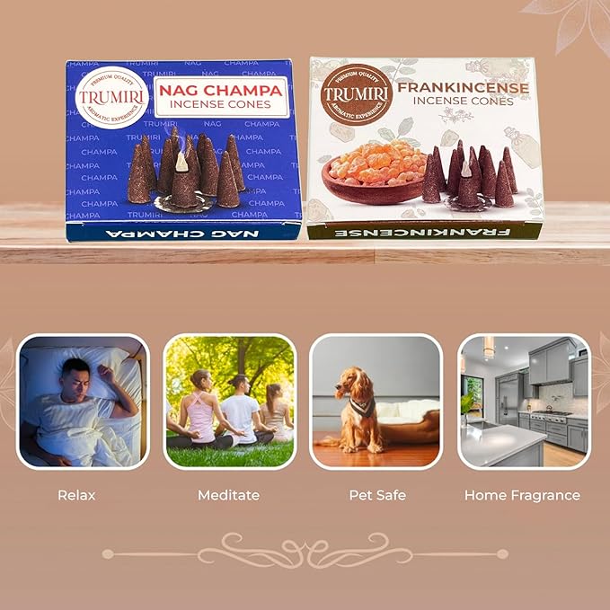TRUMIRI Incense Cones - Combo Pack of 20 Cone Incense - 10 Frankincense + 10 Nag Champa - Insence Cones - Incense Cones Scented - Cone Incense Scents - Insense Cones - Incent Cone TRUMIRI