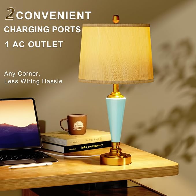 24" Ceramic Table Lamp with 3 Way Dimmable Touch Lamps - 2 USB Ports & AC Outlet Bedside Lamps, Modern Nightstand Lamp for Bedroom Living Room Office (Bulb Included) (Sky Blue-2 Pack) - Bloomnest