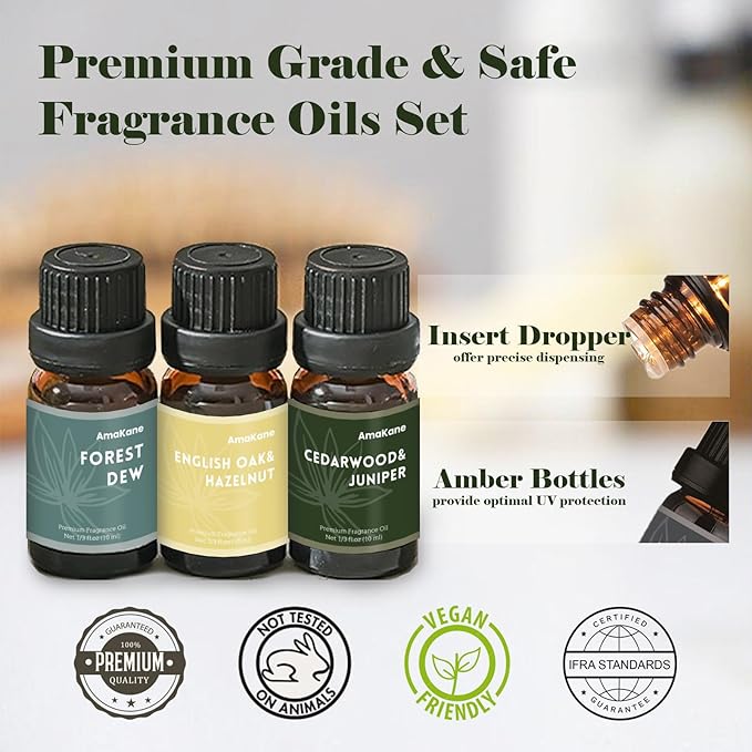 AmaKane Woodland Fragrance Oil, Forest Diffuser Oil Scents, Candle Scents for Candle Making, Soap Making Scents, Frosted Fir, Cedarwood&Juniper, Oakmoss Amber and More Essential Oils 6x10ml - Bloomnest