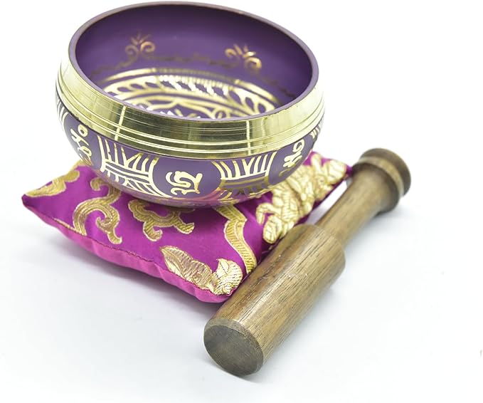 3.75" Tibetan Meditation Yoga Singing Bowl Green Set with free Wooden Mallet and Silk Cushion from Nepal, Singing bowls. (Purple) - Bloomnest