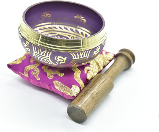 3.75" Tibetan Meditation Yoga Singing Bowl Green Set with free Wooden Mallet and Silk Cushion from Nepal, Singing bowls. (Purple) - Bloomnest