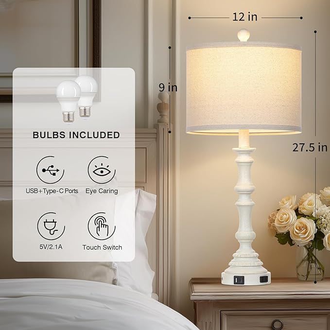 27.5" White Tall Lamp for Living Room, Vintage Farmhouse Table Lamps Set of 2 with USB C+A Ports & AC Outlet, 3-Way Touch Control Bedside Lamps, Rustic Bedroom Lamp for Nightstand Side Table - Bloomnest