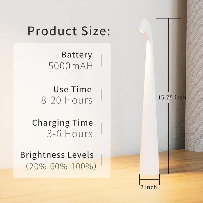 Portable Cordless LED Desk Lamp, Rechargeable Wireless Table Lamp, 3-Level Brightness, Patio & Bedside Night Light, Dining Room Ambient Reading Light (White) - Bloomnest