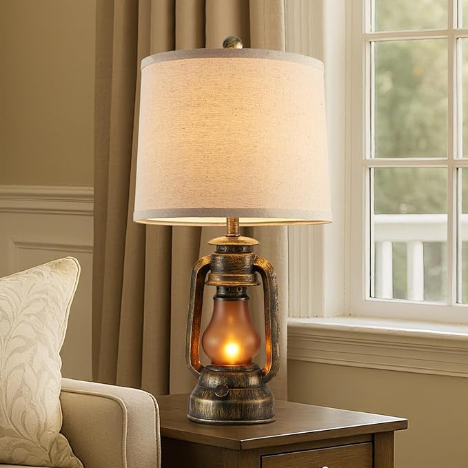 RORIANO Set of 2 Farmhouse Lantern Table Lamps for Living Room with 2 USB Charging Ports, Rustic Vintage Nightstand Lamps with Nightlight for Bedroom End Table Entryway, 4 Bulb Included - Bloomnest