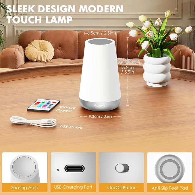 Auxmir Night Light for Kids Baby, 2500mAh13 RGB Colors & 5 Brightness, Portable Rechargeable LED Bedside Lamp for Baby Nursery, Night Lights for Bedroom Living Room Bathroom Hallways, Silver - Bloomnest