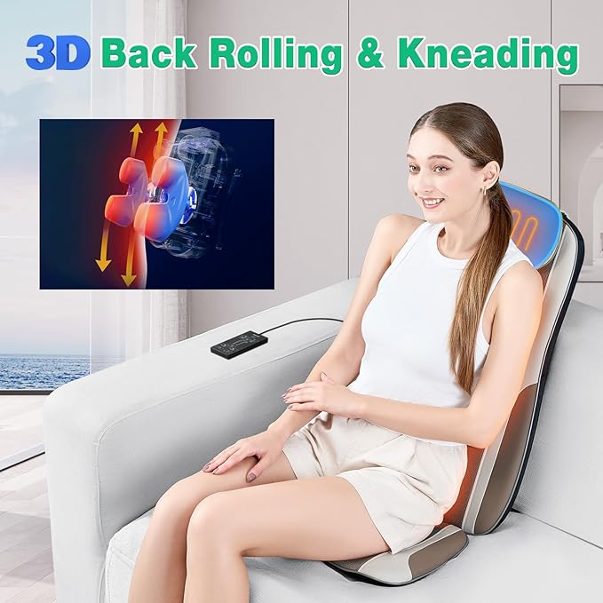 Shiatsu Back Massager with Heat, Massage Chair Pad Seat Cushion for Stress Relief, Deep Tissue Kneading & Roller, 2 Vibration Motors, Back Waist Hip Massager, PU Leather, with 2 Adapters - Bloomnest