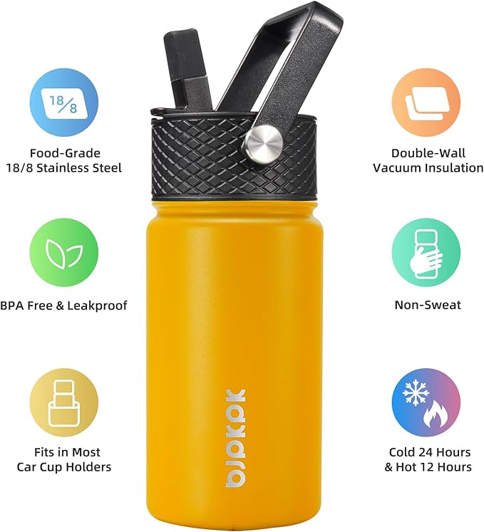 BJPKPK Water Bottle with Straw Lid, 15 oz Insulated Water Bottle, Stainless Steel Metal Water Bottles, Reusable Leak Proof BPA Free Thermo, Flask, Cups,Macaron-Orange - Bloomnest