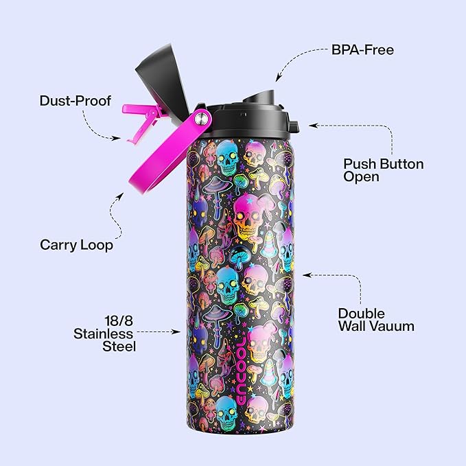 Insulated Water Bottle with Straw - Encool Stainless Steel Water Bottle with Push Button Lid, Leak-Proof & BPA-Free, Keeps Cold for 24 Hours for Sports, Travel, Gym (32 oz, Trippy Skulls) ENCOOL
