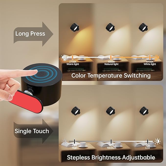 3Pack Battery Operated Wall Sconce, 3 Color Modes 3 Brightness Levels 360°Rotation Lighting Timer Touch & Remote Control, Wall Mounted Lamp LED Wall Lights for Bedroom Reading Bedside (Black) - Bloomnest