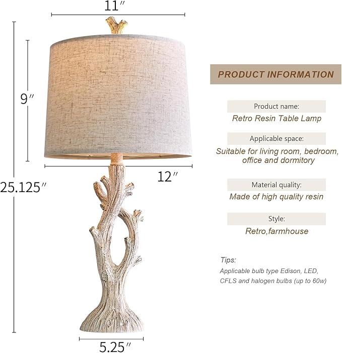 OYEARS Farmhouse Table Lamps Set of 2 for Living Room Bedroom Bedside Tree Lamp Nightstand End Table 25" Lamps Vintage Natural Style - Bloomnest