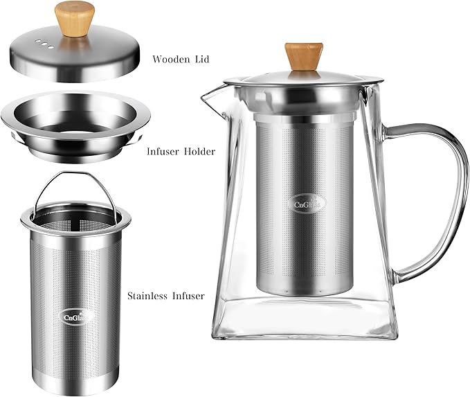 CNGLASS Glass Teapot with Infuser,24oz Clear Glass Tea Kettle with Removable Stainless Steel Strainer,Stovetop Safe Glass Teapot for Blooming and Loose Leaf Tea… - Bloomnest