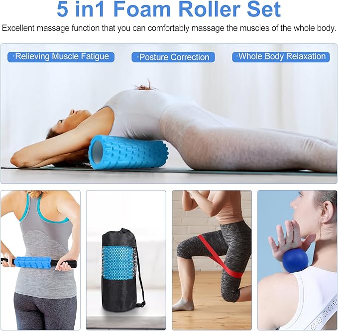 5 in 1 Foam Roller Set Includes Hollow Core Massage Roller, Yoga Stick, Massage Ball, Fitness Stretching Strap, Massage Roller, Carrying Bag, Towel (Blue) - Bloomnest
