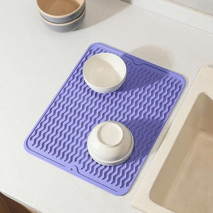 Silicone Dish Drying Mat for Multiple Usage,Easy clean,Eco-friendly,Heat-resistant Silicone Mat for Kitchen Counter or Sink,Refrigerator or drawer liner Light Purple L 16 inches x 12 inches - Bloomnest
