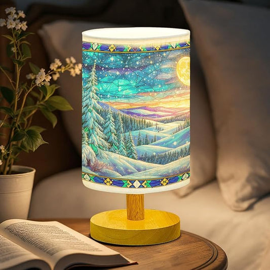 Winter Fores Table Lamp LED 3-Color Pressed Bedside for Merry Christmas, Winter Fores Shade Christmas Table Lamp with Wood Base for Bedroom Living Room Desk Office - Bloomnest