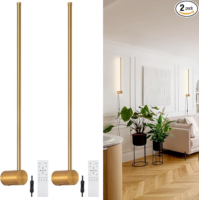 dimmable Modern Plug in Wall Sconce Set of 2, 23.6" Gold Brushed Wall Lights, Indoor Wall lamp Background Lighting with Memory Function, Applicable to Living Room and Bedroom 3000K 4000K 6000K - Bloomnest