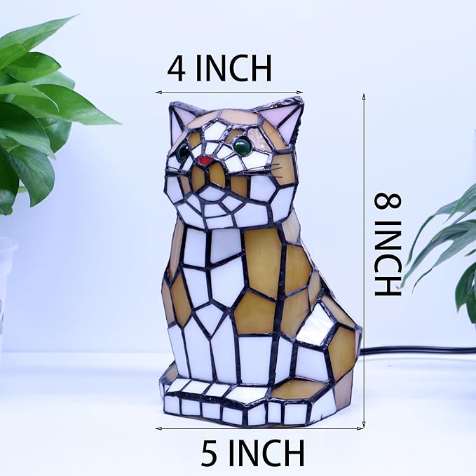 Tiffany Cat Lamp Yellow and White Stained Glass Animal Table Lamp Accent Lamp - Bloomnest