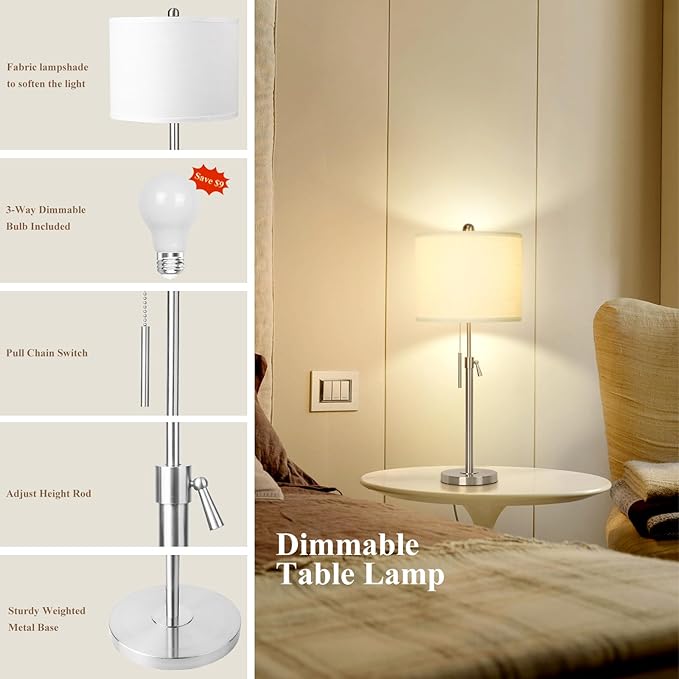 Brushed Nickel Table Lamps Set of 2: 22" to 30" Height Adjustable Nightstand Lamps with White Linen Shade | Pull Chain Switch | Silver Pole Beside Lamp for Living Room Bedroom - Bloomnest