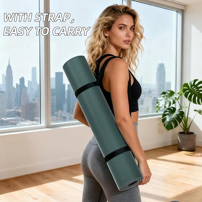 ILILI Yoga Mat 10mm Extra Thick and 193cm Extra Long, 76x28×0.4 Inch, Double Color Non-Slip TPE Material, Easy Carrying with Strap, Ideal for Yoga, Pilates, Floor Exercise, Home and Outdoor Use, Eco Friendly - Bloomnest
