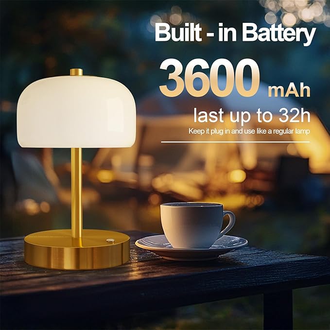 Oneach 9" Cordless Table Lamp, Gold Rechargeable Battery Operated Lamp, 3-Way Stepless Dimming Touch Lamps, Small Glass Bedside Nightstand Light for Bedroom Dining Table Living Room Shelf Decor - Bloomnest