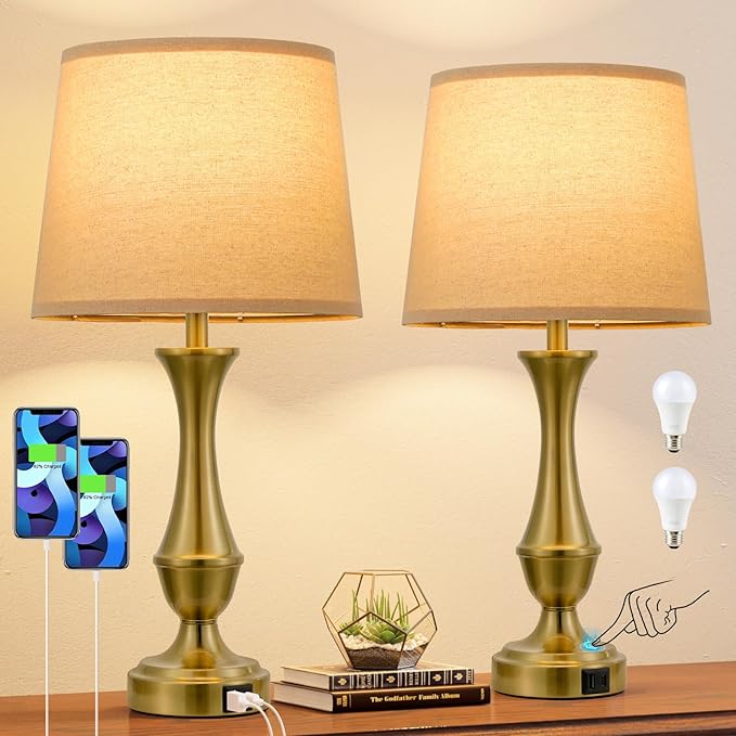 Seealle Upgraded Touch Lamps for Night Stands Set of 2 - Bedside Lamps with USB C+A, 3 Way Dimmable for Bedroom Living Room End Tables Office (Brown&Gold) - Bloomnest