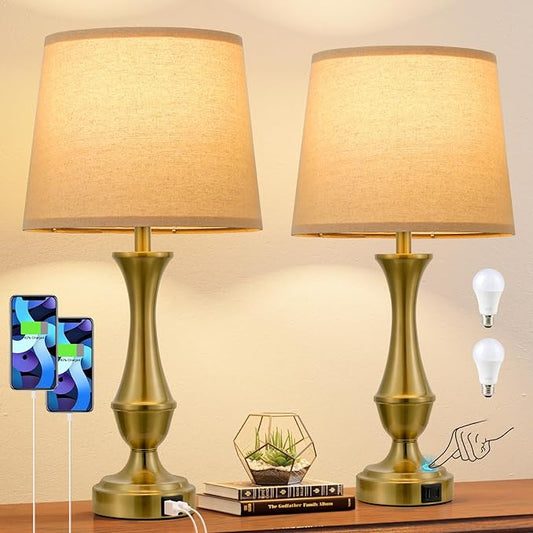Seealle Upgraded Touch Lamps for Night Stands Set of 2 - Bedside Lamps with USB C+A, 3 Way Dimmable for Bedroom Living Room End Tables Office (Brown&Gold) - Bloomnest