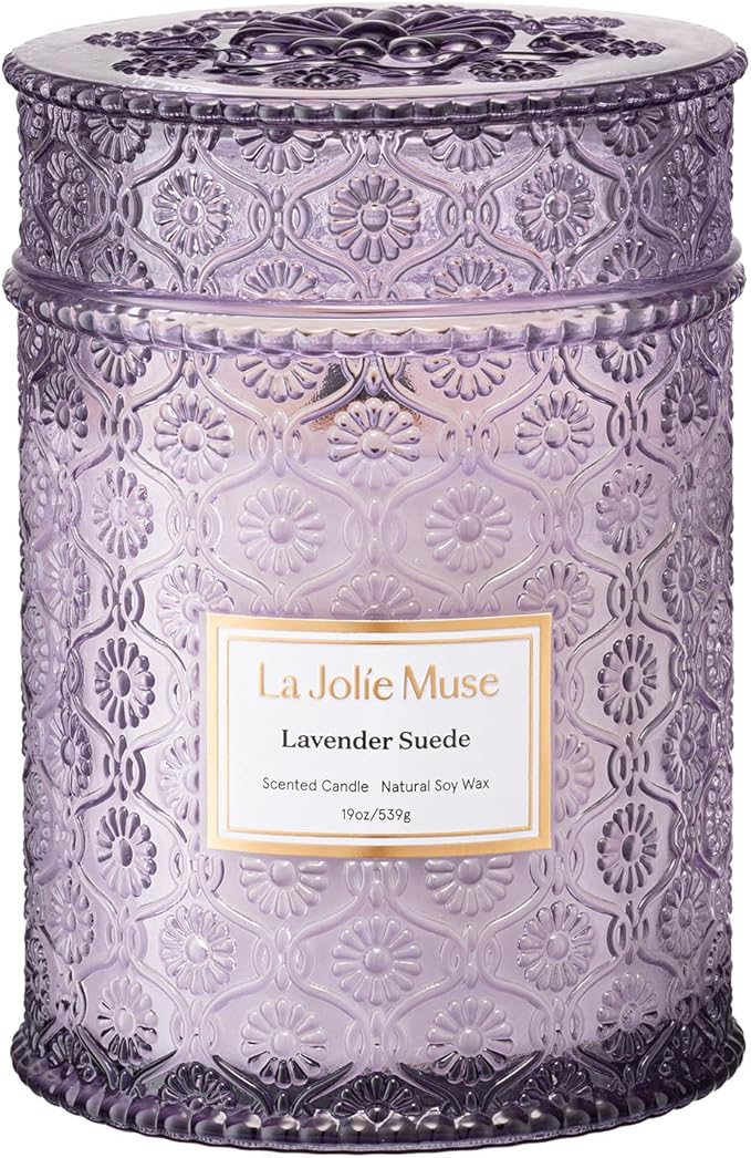 LA JOLIE MUSE Lavender Suede Candle – Eucalyptus, Lavender & Sandalwood 19 oz Large Wooden Wick Candle | Natural Soy Wax | 90 Hours Clean Burn | Aromatherapy Candle for Relaxation - Bloomnest