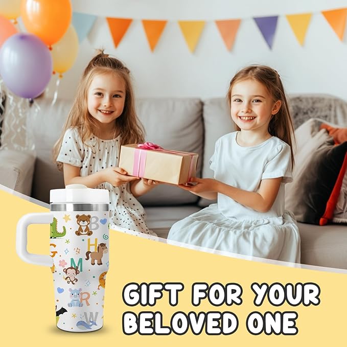 14 oz Kids Animal Alphabet Tumbler with with Handle Straw Lid, Stainless Steel Insulated Water Tumbler, Abc Letters Stuff, for Sports, School, Travel - Back to School Children Birthday Gifts Cups(1pc) - Bloomnest
