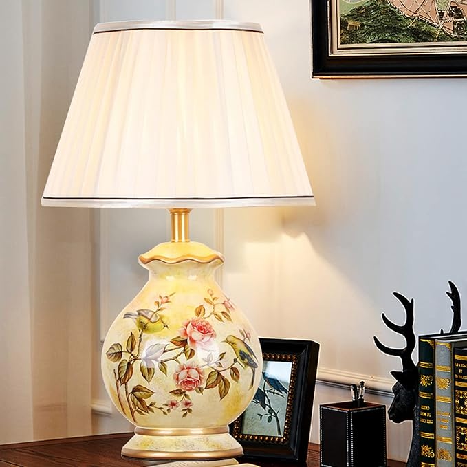 20.4" Chinoiserie LED Table Lamp, American Flower and Bird Ceramic Chinoiserie Table Lamp, Yellow Fabric Shade with Hardware Base Round Bedside Lamp Bedroom Study Hotel Home Decoration - Bloomnest