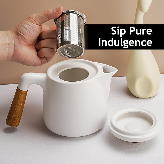 MIAMIO – 34 Oz Ceramic Tea Pot Set with Infuser and Cups/Tea Strainer, 4 Ceramic Tea Mugs (10 Oz), Bamboo Saucers/Handle for Home and Office (White) - Bloomnest