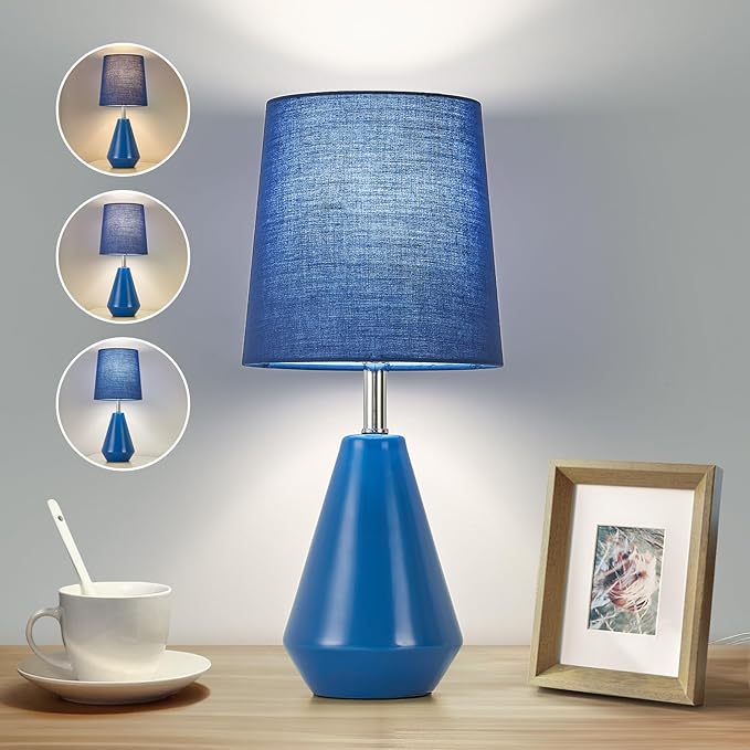 Small Bedside Table Lamp for Bedroom - Reading Desk Lamp with 3 Color Temperatures，15.5" Nightstand Ceramic Lamp with Fabric Shade for Kids Room,Living Room,Dorm,Home Office (Blue) - Bloomnest