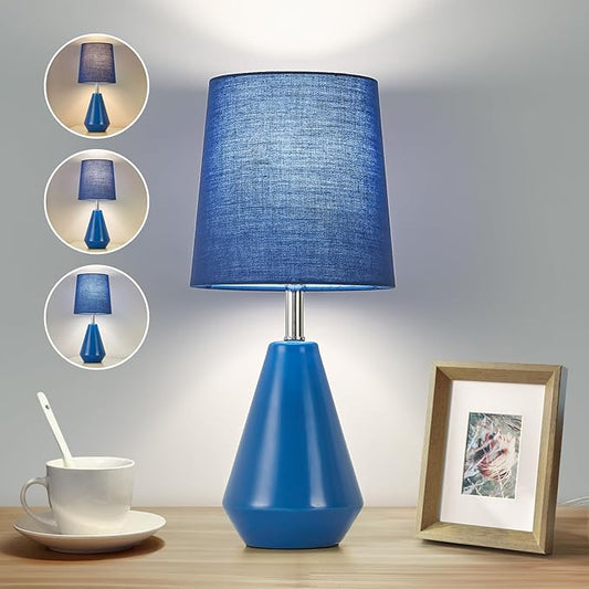 Small Bedside Table Lamp for Bedroom - Reading Desk Lamp with 3 Color Temperatures，15.5" Nightstand Ceramic Lamp with Fabric Shade for Kids Room,Living Room,Dorm,Home Office (Blue) - Bloomnest