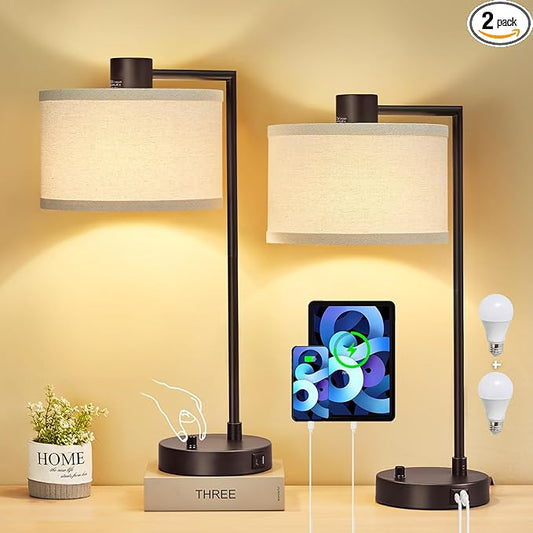 Luvkczc Table Lamp for Bedroom Set of 2 with USB C+A Ports - Fully Stepless Dimmable Bedside Lamp with Linen Lampshade - Contemporary Lamp for Living Room Reading Office, 2 Bulbs Included (Red Brown) - Bloomnest