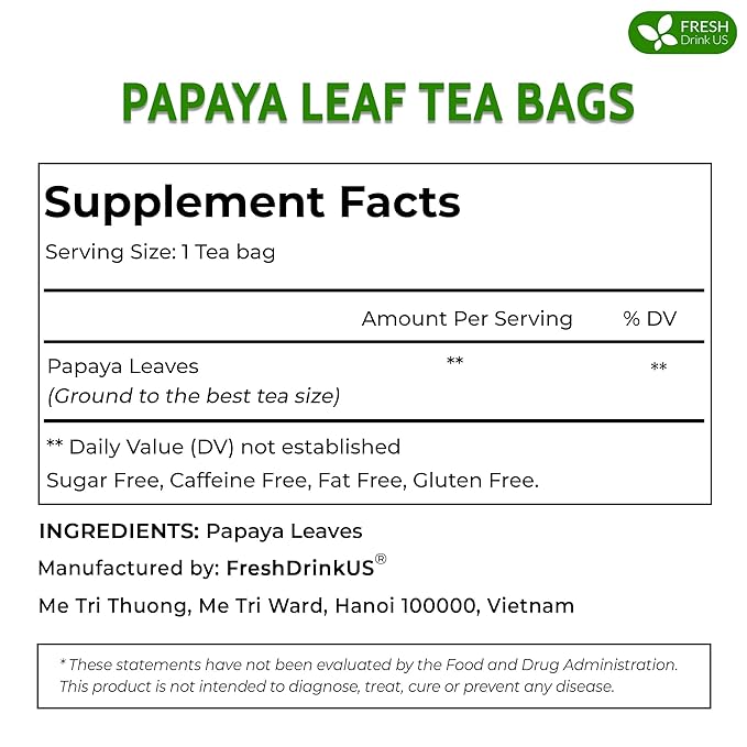 FreshDrinkUS, Premium 75 Papaya Leaf Tea Bags, 100% Natural & Pure from Papaya Leaves. Loose Leaf Papaya Herbal Tea. Made with Natural Material Tea Bags. No Sugar, No Caffeine, No Gluten, Vegan. - Bloomnest