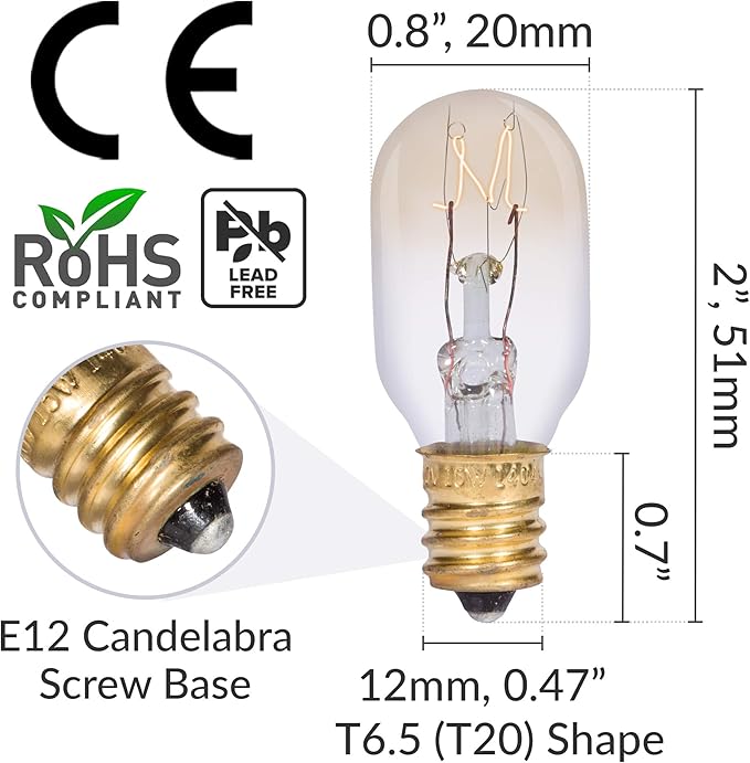 Simba Lighting T6.5 25W Replacement Bulb (12 Pack) for Himalayan Salt Rock and Basket, Plug in Aromatic Wax Warmer, Night Light, Mini Tube Shape, 120V, E12 Candelabra Base, Dimmable, 2700K Warm White - Bloomnest