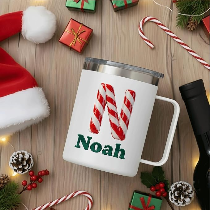 Personalized Christmas Insulated Coffee Mug with Handle – Custom Candy Cane Double Wall Stainless Steel Travel Tumbler for Drinks – Unique Holiday Gift for Men, Women, & Kids (B112) - Bloomnest