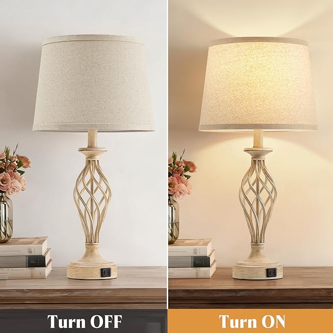 Bedside Table Lamp for Bedroom Set of 2 - Beige Nightstand Lamps with USB C+A Ports,Rustic Distressed Farmhouse Bedroom Lamp - Lamp for Living Room Reading Bed Side End Table Bulbs Included - Bloomnest