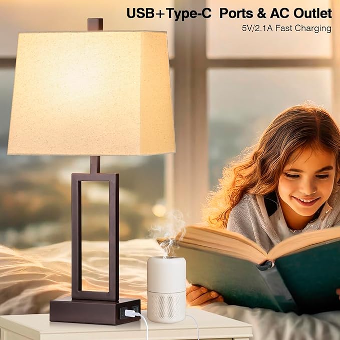 Touch Control Table Lamps Set of 2, Modern Brown Bedside Lamps with USB A+C Ports & AC Outlet, 3 Way Dimmable Contemporary Nightstand Lamps for Bedroom Living Room(LED Bulb Included) - Bloomnest