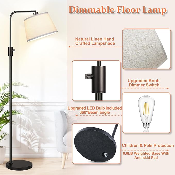 【Upgraded】 Dimmable Floor Lamp, 1000 Lumens LED Edison Bulb Included, Arc Floor Lamps for Living Room Modern Standing Lamp with Linen Shade, Tall Lamp for Bedroom Office Dining Room- Black - Bloomnest