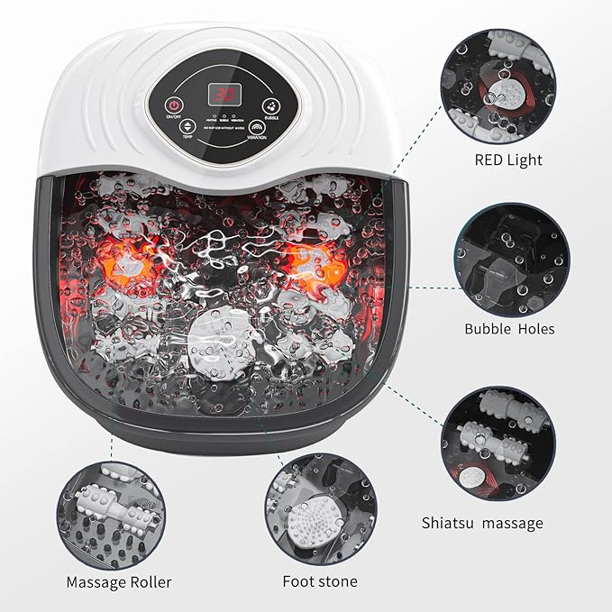 Foot Spa,Foot Bath Massager with Tea Tree Oil Foot Soak with Epsom Salt - with Heat, Bubbles and Vibration,Red Light,Medicine Box Digital Temperature Control 8 Acupressure Massage Points - Bloomnest