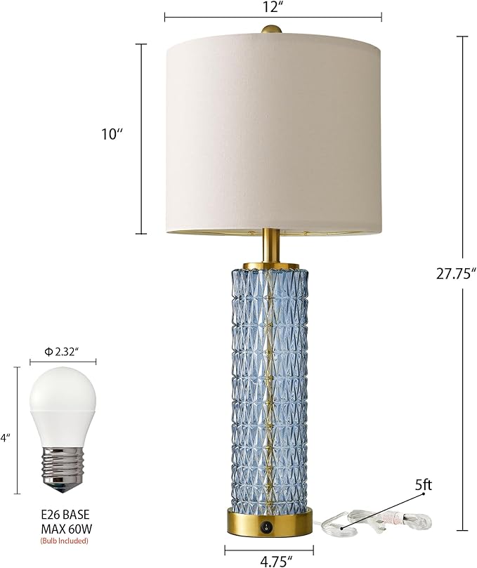 Oneach 27.75” Table Lamps Set of 2, Blue Modern Bedside Lamp with LED Night Light, USB A+C, Glass Lamps for Living Room, Bedroom, Nightstand, Office, End Table (2 Bulbs Included) - Bloomnest