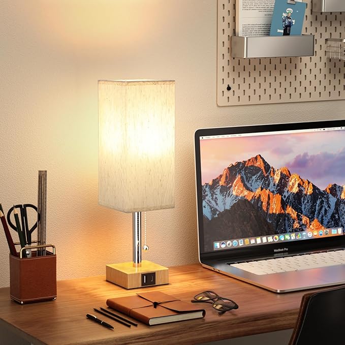 Wood Grain Bedside Table Lamps Set of 2 - Bedroom Lamps with 3 Color Temperatures (3000K/5000K/4000K), Square Nightstand Lamp with USB C + A Charging Ports - Bloomnest