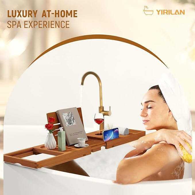 Yirilan Teak Bathtub Tray for Tub, Bath Table Tray for Tub Wood, Bathtub Caddy, Luxury Gift for House Warming, Wedding, Bridal Shower, Anniversary - Bloomnest